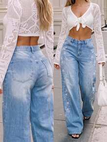 Low Waist Wide Leg Casual Blue Slanted Pocket Curved Leg Women's Jeans - Medium Wash - View 4