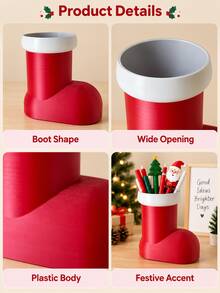 Christmas Boot-Shaped Plastic Pen Holder, Wide Mouth Design, Holiday Desktop Storage Box, Can Hold Pens, Pencils, Brushes, Rulers And Small Items, Office Study Home Workspace Christmas Party Winter Decoration Storage Bucket - Multicolor - View 6