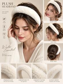White Faux Rabbit Fur Headband For Women,Thick Plush Fluffy Hair Hoop, Winter Warm Non-Slip Hairband, Cute Solid Color Hair Accessory For Daily Makeup - Multicolor - View 5