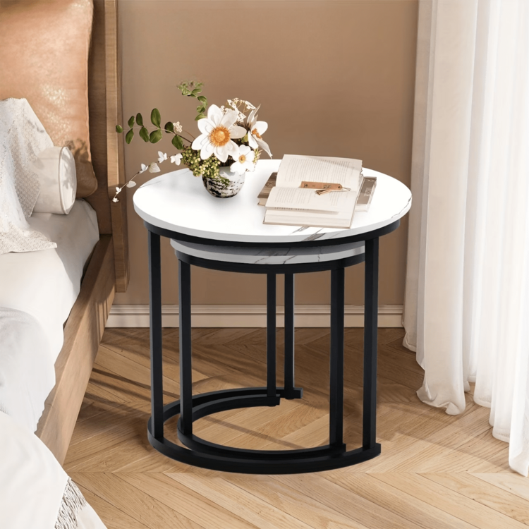 Two Pieces Nested Round Coffee Table Set, Modern Combined Table Set. The Large Central Coffee Table Is Suitable For Living Rooms, Small Apartments And Compact Spaces. Stackable Side Tables With Sturdy Structure And Easy Assembly. - Multicolor - View 8