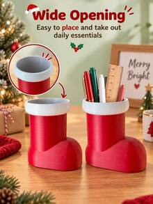 Christmas Boot-Shaped Plastic Pen Holder, Wide Mouth Design, Holiday Desktop Storage Box, Can Hold Pens, Pencils, Brushes, Rulers And Small Items, Office Study Home Workspace Christmas Party Winter Decoration Storage Bucket - Multicolor - View 3
