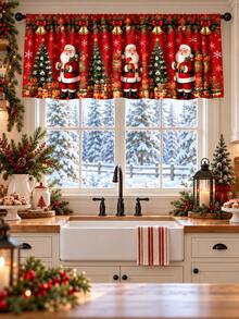1pc-Short Christmas Window Drape Set, Red Santa Claus Christmas Tree Golden Bells Gift Box Snowflake Printed Kitchen Valance & Sink Cabinet Curtain, Rustic Holiday Window Treatment, Warm Winter Seasonal Home Decor For Farmhouse Kitchen Sink Window - Multicolor - View 4