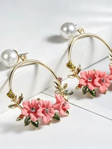 Pendientes colgantes con decoración de flores y cristales en forma de círculo, ideal para San Valentín - Rosa - Ver 5