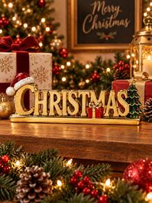 1pc Gold Christmas Letter Resin Desktop Ornament, Christmas Table Decor With Santa Hat, Gift Box And Mini Christmas Tree, Holiday Fireplace Mantel Decoration - New Product - View 2