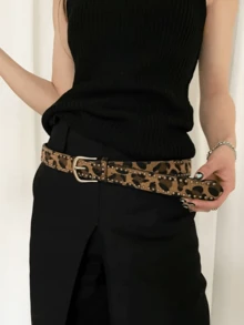 1pc American Fashion Casual Rivet Minimalist Versatile Women's PU Leather Belt - Dark Brown Leopard Print Studded Pin Buckle - View 5