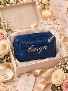 Personalized Embroidered Leather Makeup Bag, Crocodile Pattern Cosmetic Organizer, Women's Travel Toiletry Bag, Bridesmaid Gift - Multicolor - View 9