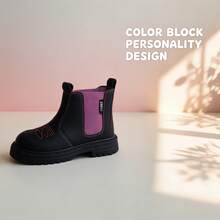Girls' Contrast Color Purple Elastic Chelsea Boots, Embroidered Pattern Slip-On Ankle Boots, Suitable For Children - Black - View 3