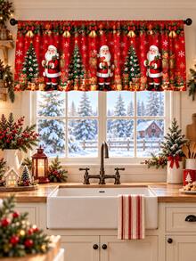 1pc-Short Christmas Window Drape Set, Red Santa Claus Christmas Tree Golden Bells Gift Box Snowflake Printed Kitchen Valance & Sink Cabinet Curtain, Rustic Holiday Window Treatment, Warm Winter Seasonal Home Decor For Farmhouse Kitchen Sink Window - Multicolor - View 2