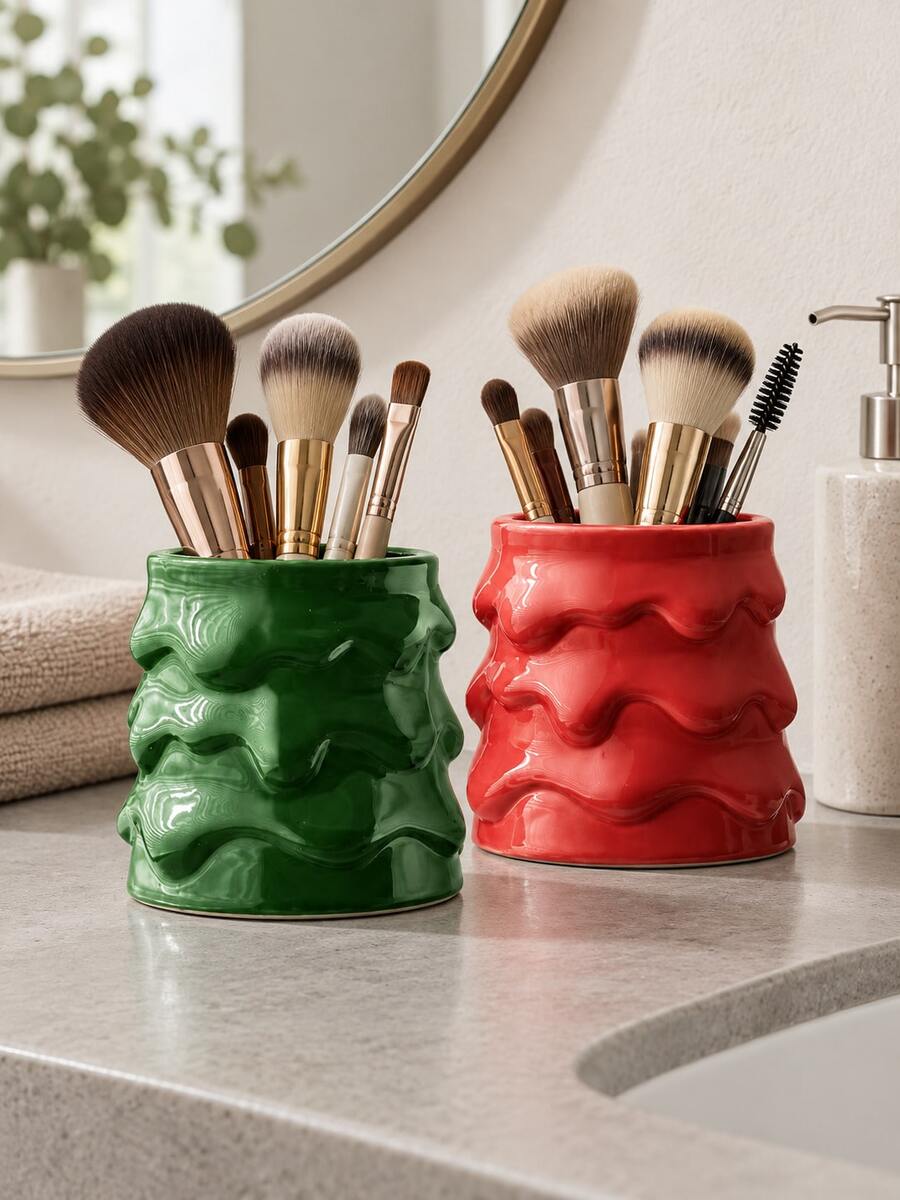 This Wavy-Textured Makeup Brush Holder-Featuring A Red And Green Color Scheme-Serves As A Decorative Vanity Organizer For Makeup Brushes And Beauty Tools. - A - View 1