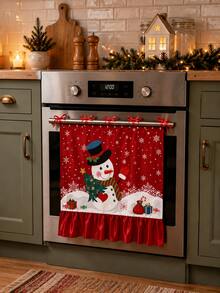 1pc Snowman & Snowflake Print Oven Curtain, With Ribbon Tie Top And Red Ruffle Edge, Short Kitchen Tier Curtain, Decorative Cover Cloth, Suitable For Stove, Oven, Open Cabinet And Small Window, Christmas Country Style Home Decor - Snowman and Snowflake - View 9