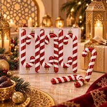 6Pcs Red White Striped Candy Cane Christmas Ornaments Set, Glitter Shiny Curved & Straight Cane Design, Xmas Tree Hanging Pendants Gift Box - one-size - View 4