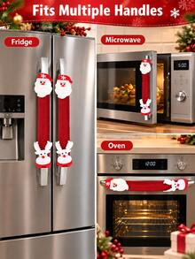 2pcs Christmas Refrigerator Door Handle Covers, Santa Claus & Reindeer Decorative Handle Protectors, Red Linen Kitchen Oven Microwave Fridge Handle Decorative Caps, Winter Holiday Home Decor - Multicolor - View 10