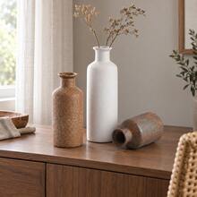 3pcs Modern Rustic Ceramic Vase Set, Textured White & Earth-Tone Flower Vases For Dried Stems, Neutral Home Decor For Sideboard, Shelf & Living Room - 3pcs - View 3
