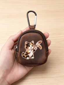 Cute Cat Print Mini Zipper Key Pouch With Carabiner, Portable PU Leather Small Coin Purse Earphone Storage Bag, Kawaii Small Accessories Gift - Multicolor - View 9