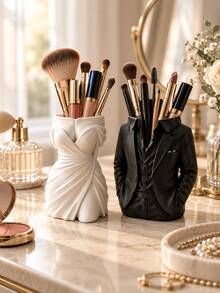 1pc Couple Makeup Brush Holder Set, Creative Lady Dress & Gentleman Suit Cosmetic Brush Organizer, Vanity Countertop Storage Cup For Brushes, Lipsticks & Beauty Tools, Bedroom Dresser Decor, Cute Gift For Women, Couples & Friends Makeup Brush Holder - Multicolor - View 6