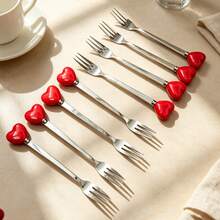 2/8pcs Romantic Heart-Shaped Handle Stainless Steel Dessert Spoons, Colorful Heart-Shaped Handle Design, Suitable For Coffee, Ice Cream And Beverage Stirring, Polished Surface Tableware, With Dessert Spoon, Coffee Spoon And Fruit Fork, Suitable For Home, Restaurant, Kitchen, Daily Dining, Birthday Party And Holiday Gathering - Multicolor - View 4
