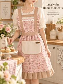 Celemek Motif Bunga Klasik, Celemek Tanpa Lengan Bergaya Gaun dari Kain Poliester dengan Hiasan Rumbai, Dekorasi Renda, dan Saku Depan Besar, Tali Belakang yang Dapat Diatur, Cocok untuk Memasak, Memanggang, Membersihkan Rumah, dan Penggunaan Rumah Tangga Sehari-hari - Berbagai gaya - View 1