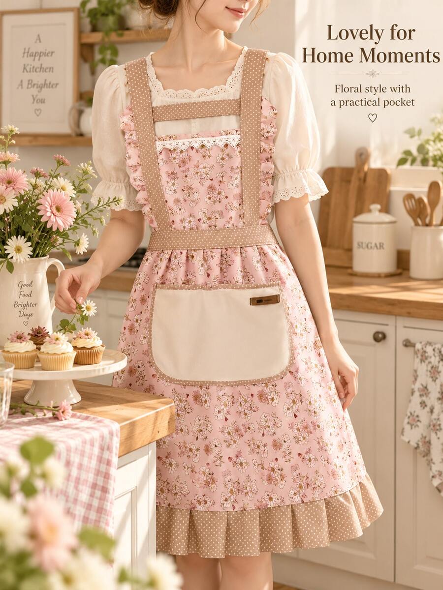 Celemek Motif Bunga Klasik, Celemek Tanpa Lengan Bergaya Gaun dari Kain Poliester dengan Hiasan Rumbai, Dekorasi Renda, dan Saku Depan Besar, Tali Belakang yang Dapat Diatur, Cocok untuk Memasak, Memanggang, Membersihkan Rumah, dan Penggunaan Rumah Tangga Sehari-hari - Berbagai gaya - View 1