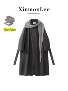 Long manteau trench élégant en tricot avec col châle, vêtement d'extérieur ample et drapé, nouveau style automne 2026, voyage décontracté et vacances gracieuses - Gris foncé - Voir 1