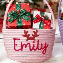 1pc Customized Handmade Embroidered Christmas Basket - Personalized Gift Basket, Party Storage Basket, Organizer Basket, Holiday Gift - Multicolor - View 17