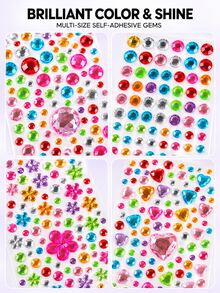 Multi-Color Self-Adhesive Face Rhinestone Stickers, Assorted Styles, Includes Mixed Round, Heart And Flower Rhinestones, Shiny Face, Body And Nail Art DIY Decoration, Suitable For Festivals, EDM Festivals And Party Makeup - Multicolor - View 3