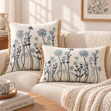 Embroidered Wildflower Throw Pillow Cover, Rustic Floral Decorative Cushion Cover With Fringe Trim, Farmhouse Fall Home Decor For Sofa Couch Bedroom, 1pc - Dusty Blue - View 2