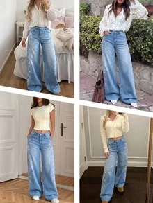 Low Waist Wide Leg Casual Blue Slanted Pocket Curved Leg Women's Jeans - Medium Wash - View 5