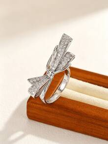 1pc Luxury Rhinestone Bow Open Ring For Women, Gold-Plated Zirconia Inlaid Adjustable Finger Ring, Niche Delicate Versatile Ring - Bow Ring - View 5