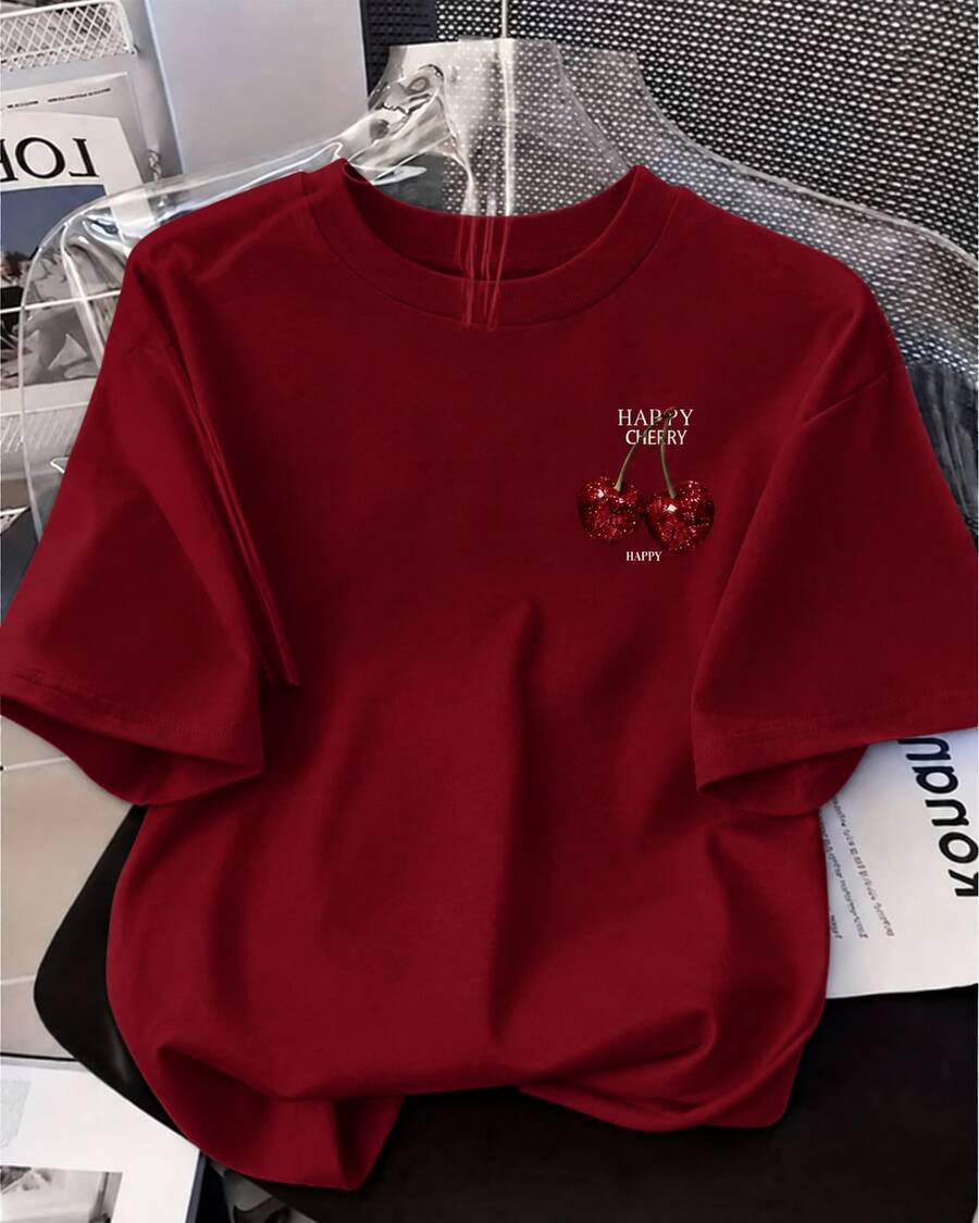 Camiseta mujer estilo minimalista estampado de cereza tela suave holgada cuello redondo manga corta primavera verano uso casual combinable - Burdeos - Ver 1