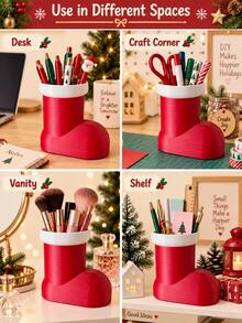 Christmas Boot-Shaped Plastic Pen Holder, Wide Mouth Design, Holiday Desktop Storage Box, Can Hold Pens, Pencils, Brushes, Rulers And Small Items, Office Study Home Workspace Christmas Party Winter Decoration Storage Bucket - Multicolor - View 4