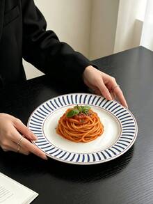 1pc Premium Line Ceramic Dinner Plate, Exquisite Western Pasta Plate, Dessert Cake Plate, Vegetable Salad Plate, Suitable For Home, Restaurant, Cafe, Dessert Shop, Gift, Party, Gathering - Blue - View 8