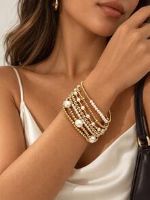 7pcs Fashion CCB Gold Bead Faux Pearl Multi-Layer Elastic Bracelet Set, Stackable Women's Bracelets, Suitable For Daily Wear, Vacation, Party - Yellow Gold - View 3