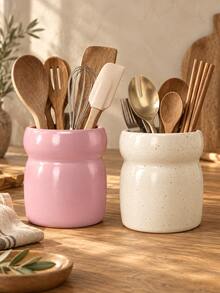 1pc Large Wide Mouth Utensil Holder, Waisted Design, 4 Colors Optional, Kitchen Counter Cooking Tool Flatware Storage Crock, Minimalist Wabi Sabi Home Decor, Housewarming Gift - Multicolor - View 8