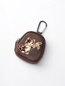 Cute Cat Print Mini Zipper Key Pouch With Carabiner, Portable PU Leather Small Coin Purse Earphone Storage Bag, Kawaii Small Accessories Gift - Multicolor - View 13