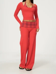 Women's Sexy High Elasticity Red 2 Pieces Set, Round Neck Long Sleeve Top With Plaid Belt Detail, Suitable For New Year Or Autumn - Red - View 6