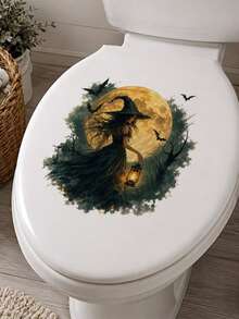 1pc Witch Pattern Toilet Sticker With Lantern Design, Water Tank Sticker, Bathroom Decor, Funny Toilet Sticker, Wall Decor, Home Decor, Enhance Your Home's Overall Aesthetic, Suitable For Halloween - one-size - View 3