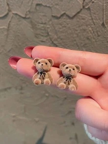 1 Pair Girls Cute Academy Style Sweet Cute Ear Clips, Teenager Earrings Flocked 3D Rabbit And Bear Studs, Autumn/Winter Fuzzy Feel No-Piercing Ear Clips And Studs - Khaki - View 10