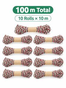10 Rolls Holiday Ribbon - 2mm Thick Red, Green, White Striped Cord For Christmas Gift Wrapping, DIY Crafts, Hanging Decorations, Sewing And Holiday Party Decor. - Red, White, Green - View 8