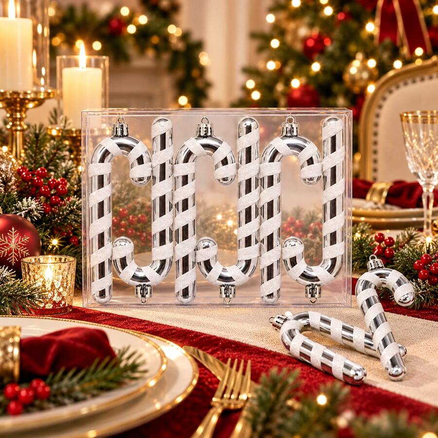 6Pcs Silver White Striped Candy Cane Christmas Ornaments Set, Glossy Glitter Hook Cane Design, Luxury Xmas Tree Hanging Pendants Gift Box