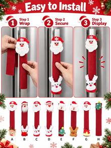 2pcs Christmas Refrigerator Door Handle Covers, Santa Claus & Reindeer Decorative Handle Protectors, Red Linen Kitchen Oven Microwave Fridge Handle Decorative Caps, Winter Holiday Home Decor - Multicolor - View 4