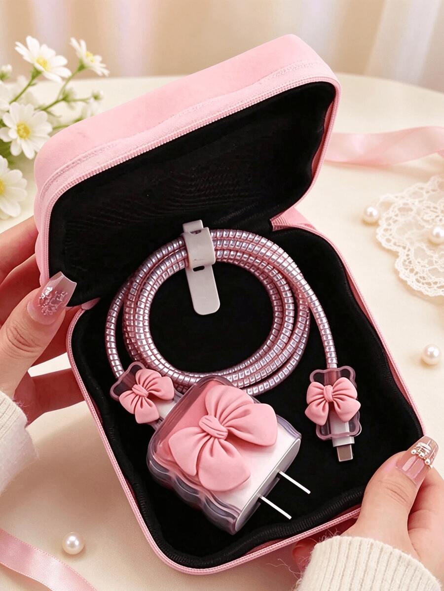 Cute Bow Decor Portable Storage Case With Wrist Strap, Multi-Purpose Soft Silicone Shell Mini Organizer Bag, Can Store Jewelry, Cosmetics, Coins, Sanitary Pads, Charging Cables And Hair Accessories - Multicolor - View 1