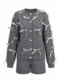 Women's Gray Sweater Co-Ord Set With Bow Details, Long Sleeve Cardigan And Shorts, Perfect For Fall And Winter Style - Grey - View 5