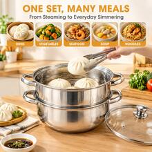 28cm Stainless Steel Steamer With Glass Lid, 2-Layer Soup Pot And Steamer Set, Designed For Both Steaming And Boiling - View 4