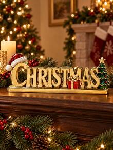 1pc Gold Christmas Letter Resin Desktop Ornament, Christmas Table Decor With Santa Hat, Gift Box And Mini Christmas Tree, Holiday Fireplace Mantel Decoration - New Product - View 10