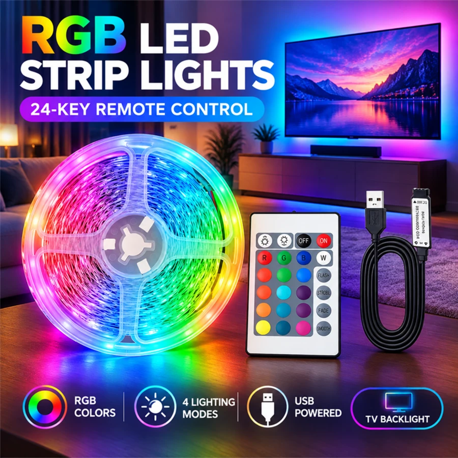 24-Key RGB LED Light Strip, Remote Control, Color Changing Dimming USB Light Bar, Suitable For Bedroom Living Room Home Decor TV Backlight - 24key RGB Strip - View 1
