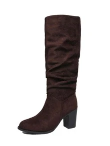 Women's Mid-Calf Boots, Chunky Heel, Pointed Toe, Fashionable, Suede, High Heel, Slouchy, Slimming - Brown - View 8