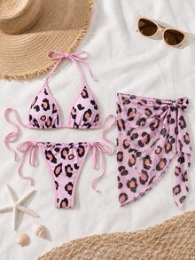 Women's Leopard Print Camisole Bikini Set, Includes Sarong, High Elasticity Swimwear, Beach Vacation Party Swimsuit - Multicolor - View 2