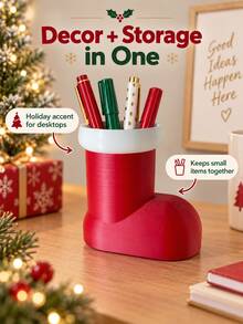Christmas Boot-Shaped Plastic Pen Holder, Wide Mouth Design, Holiday Desktop Storage Box, Can Hold Pens, Pencils, Brushes, Rulers And Small Items, Office Study Home Workspace Christmas Party Winter Decoration Storage Bucket - Multicolor - View 5
