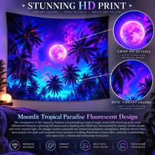 2D Flat Pattern, Single Piece, Coconut Grove Night Scene Tapestry, Palm Trees, Full Moon, Nebula, Starry Sky Pattern, Glows Under Fluorescent Light, Suitable For Wall Decoration, Hanging On Bedroom Background Wall, Also Suitable For Party Decoration. - Multicolor - View 10