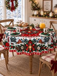 1pc Christmas Round Tablecloth, Snowman Winter Village Lantern Pinecone Print, Red Green Festive Dining Table Cover For Kitchen Decor, Holiday Party Home Decor, Christmas Decorations For Home - Multicolor - View 2